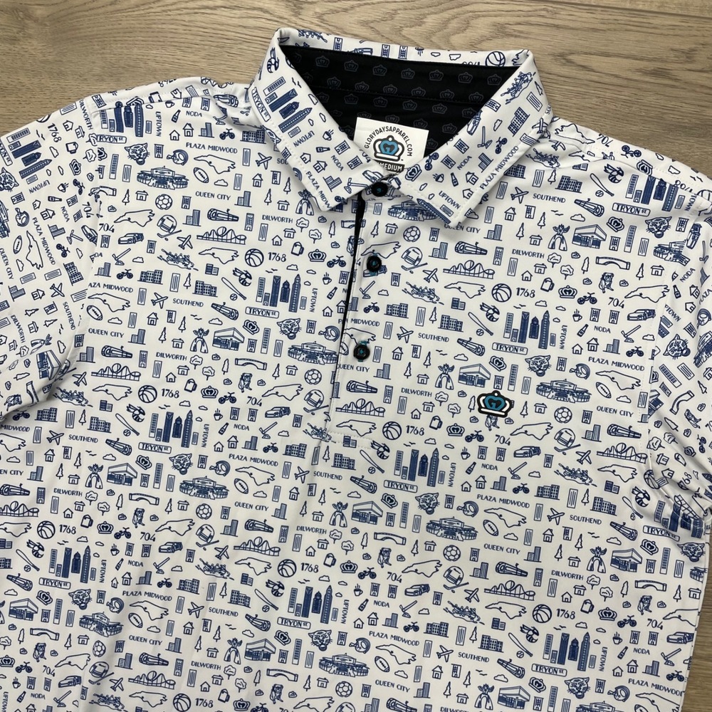 Glory Days Apparel Polo Shirt Mens Schmedium White Blue Charlotte City Print